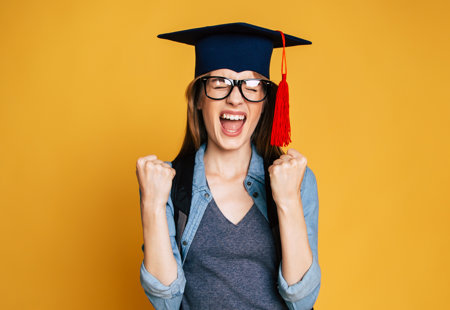 Portrait of a woman wearing a mortarboard hat with her fists clenched with happiness